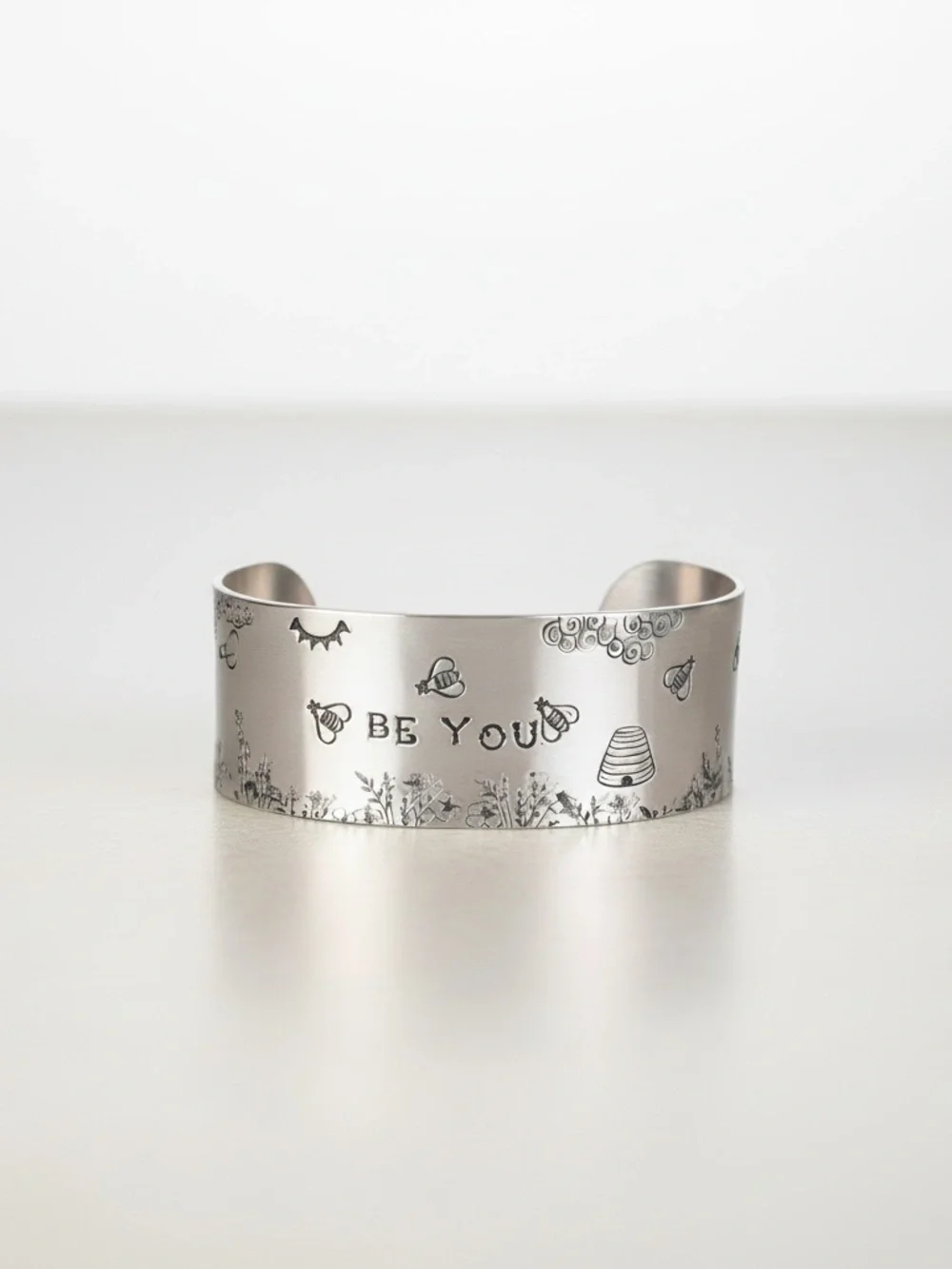 Handmade stamped Be You floral adjustable‎  hypoallergenic silver cuff bracelet